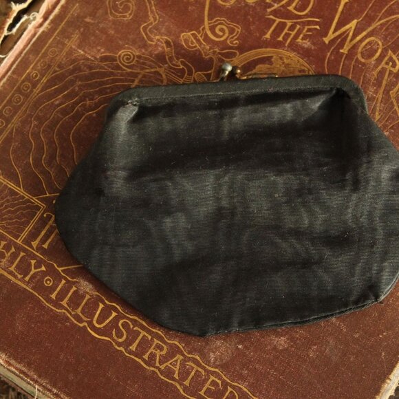 American Vintage Handbags - Vintage 1940s Coin Purse, Black Moire Taffeta Clutch Or Makeup Bag, Kiss Clasp